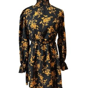 SHEIN Black Dress with Mustard Floral Print, Long Sleeve Size S